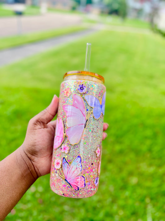 Holographic Butterfly Aura– 16oz Glass Snowglobe Tumbler