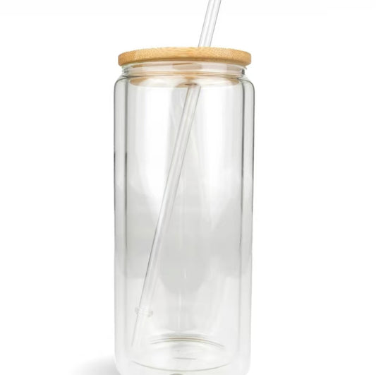16oz. Double Wall Glass Tumbler w/ Bamboo Lid and Straw