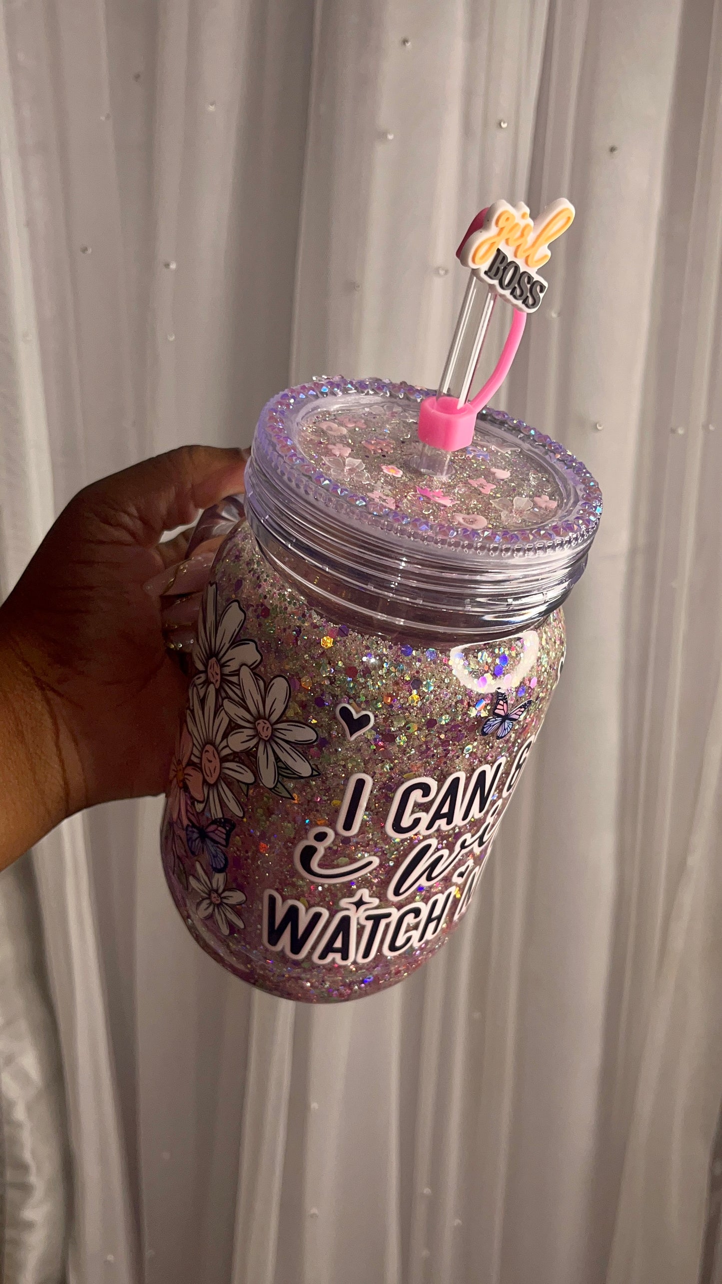 👑 “Watch Me” – 20oz Acrylic Mason Jar Snowglobe Tumbler