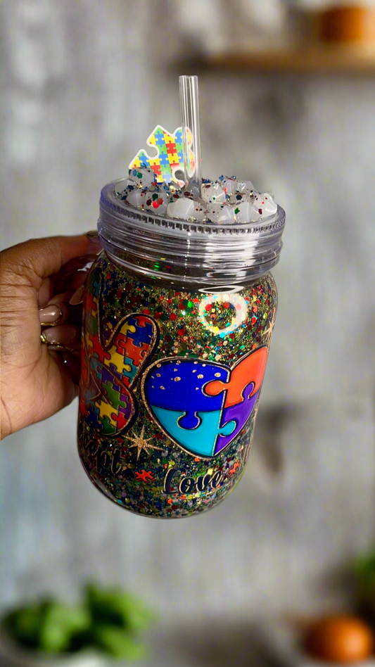 🧩Spectrum Spark⚡️ – 20oz Acrylic Mason Jar Snowglobe Tumbler