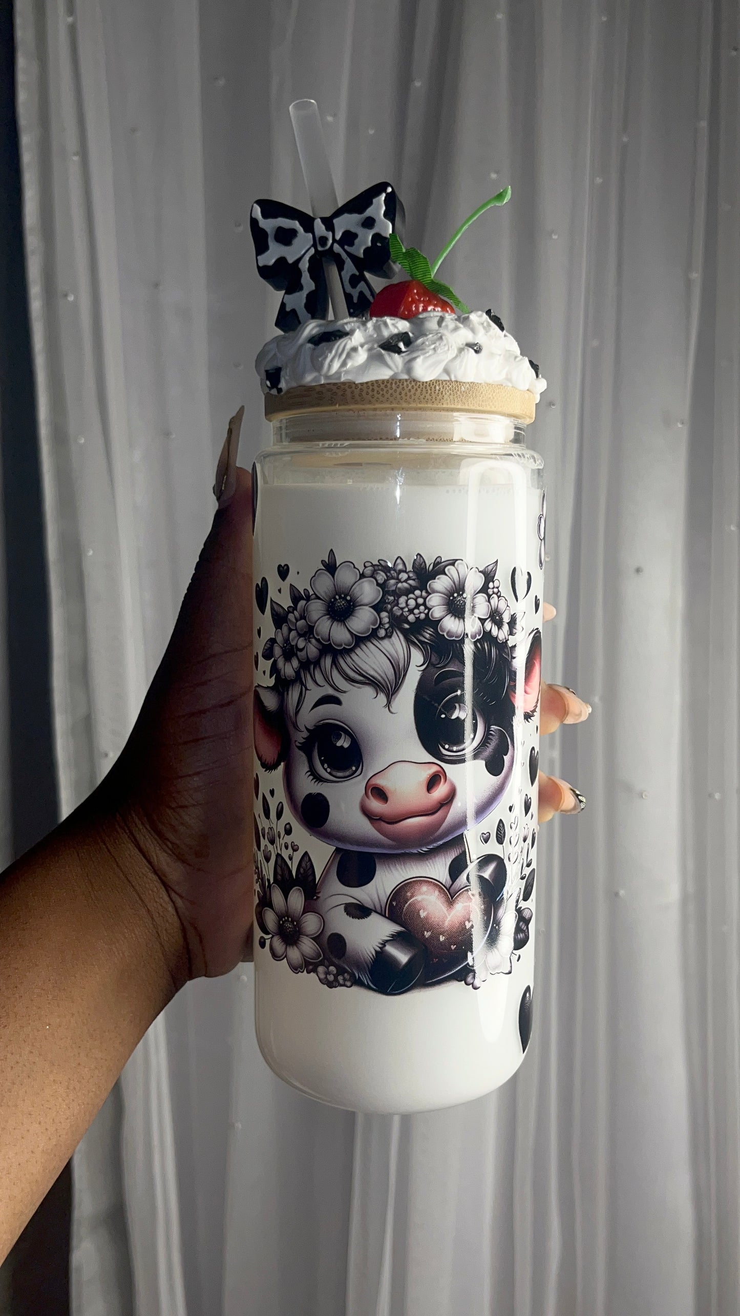 🖤 Strawberry Moo-cha – 16oz Glass Can Tumbler