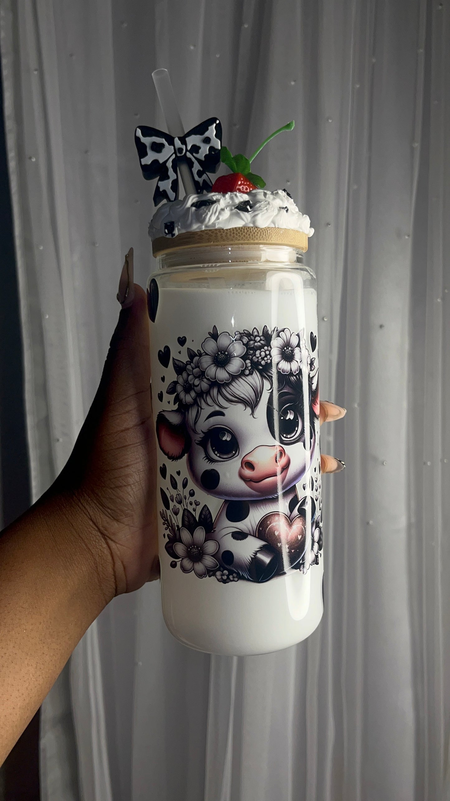 🖤 Strawberry Moo-cha – 16oz Glass Can Tumbler