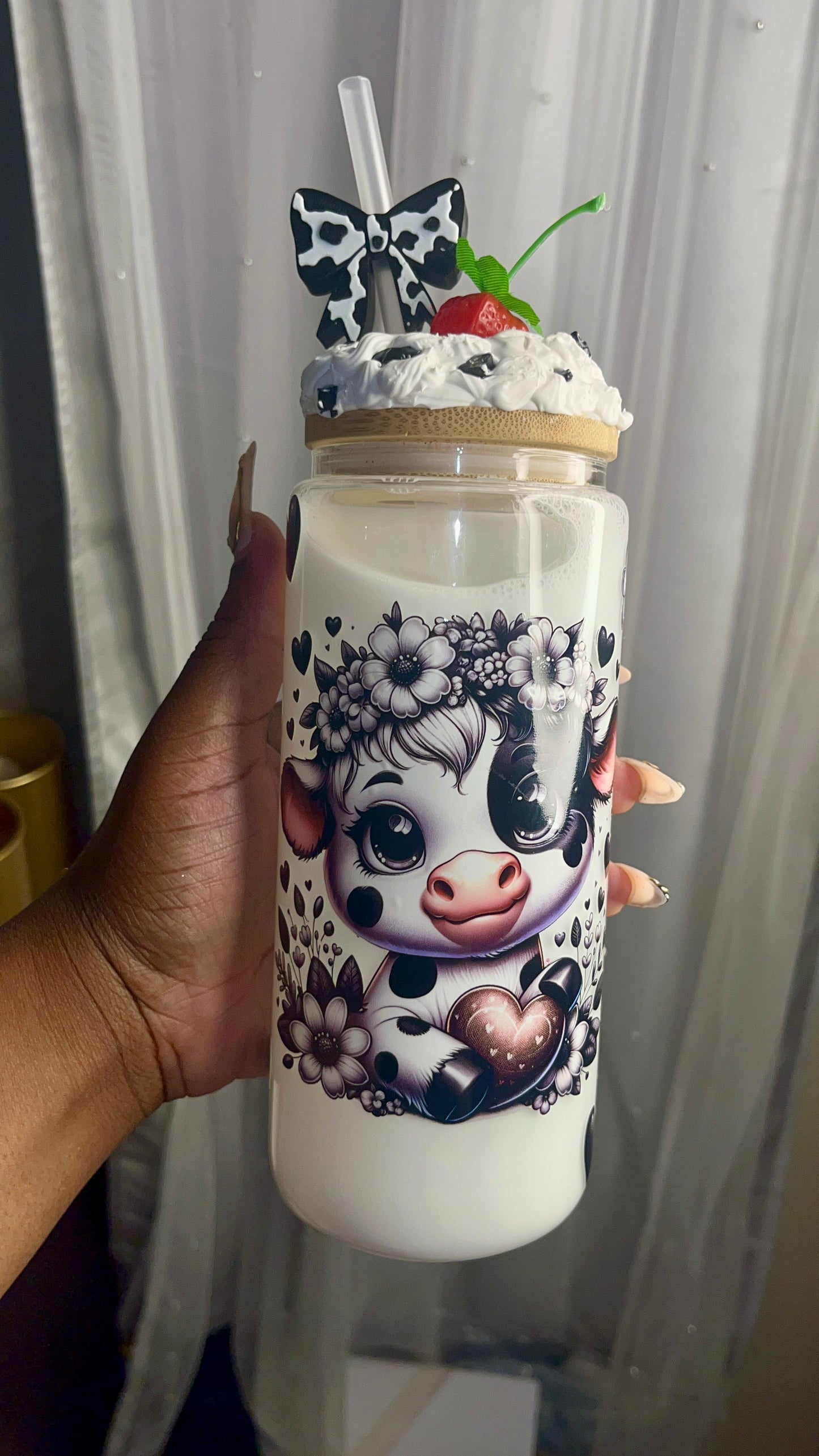 🖤 Strawberry Moo-cha – 16oz Glass Can Tumbler
