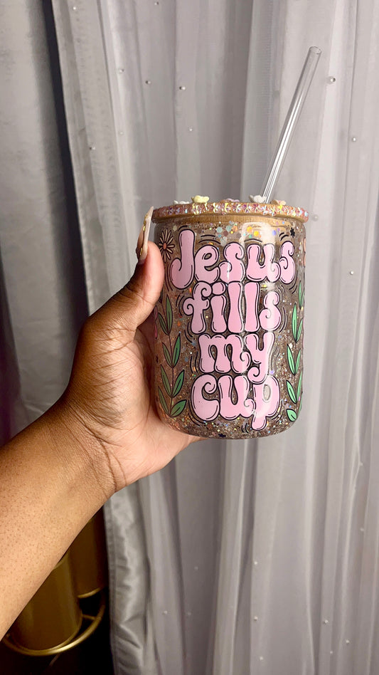 🌸 Jesus Fills My Cup- 15oz Glass Snowglobe Mug